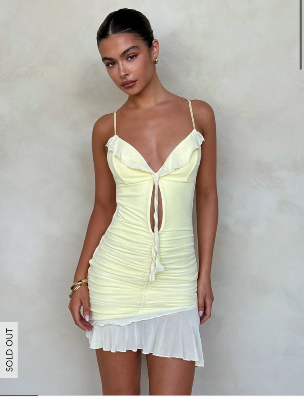 Tiger Mist Pale Yellow Tie-Front Ruffle Mini Dress